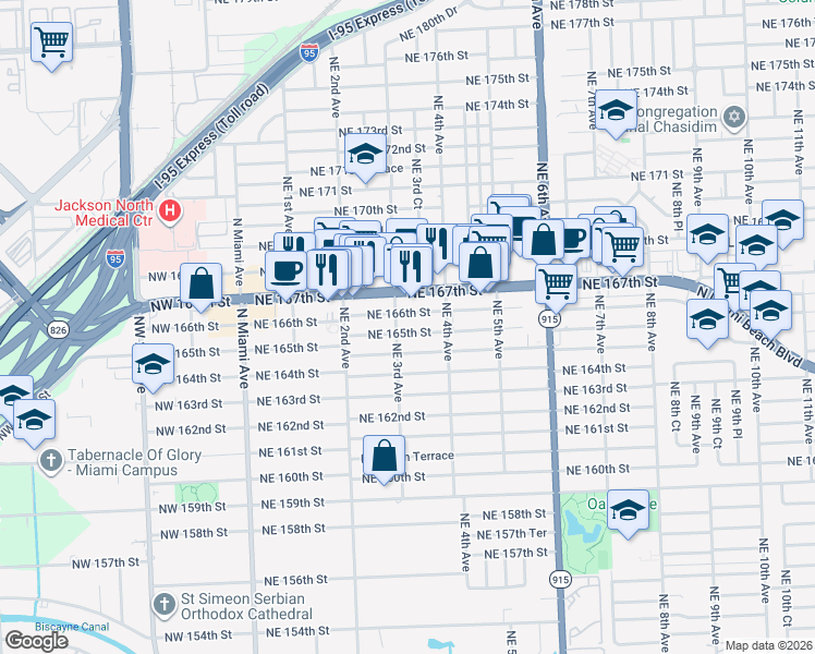 map of restaurants, bars, coffee shops, grocery stores, and more near 16598 Northeast 3rd Avenue in Miami