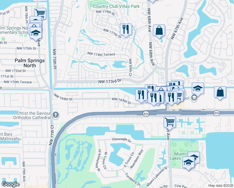 map of restaurants, bars, coffee shops, grocery stores, and more near 7027 Northwest 169th Street in Hialeah