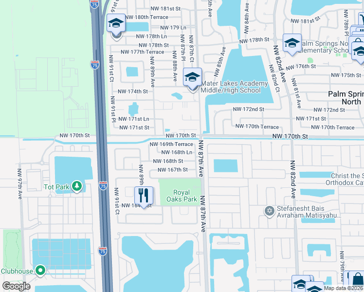 map of restaurants, bars, coffee shops, grocery stores, and more near 8759 Northwest 169th Terrace in Miami Lakes