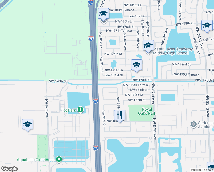 map of restaurants, bars, coffee shops, grocery stores, and more near 9117 Northwest 169th Street in Miami Lakes