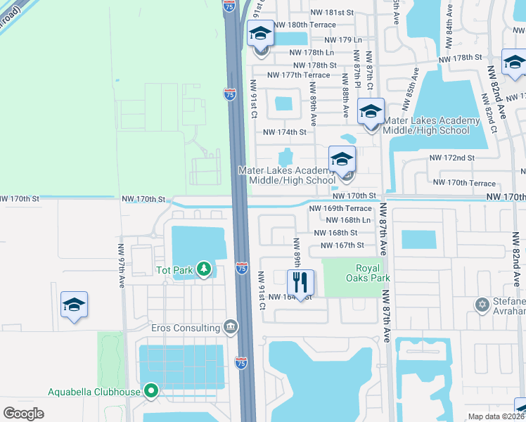 map of restaurants, bars, coffee shops, grocery stores, and more near 9117 Northwest 169th Street in Miami Lakes
