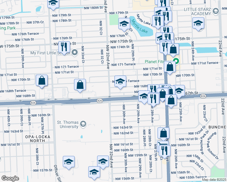 map of restaurants, bars, coffee shops, grocery stores, and more near 3001 Northwest 167th Terrace in Miami Gardens