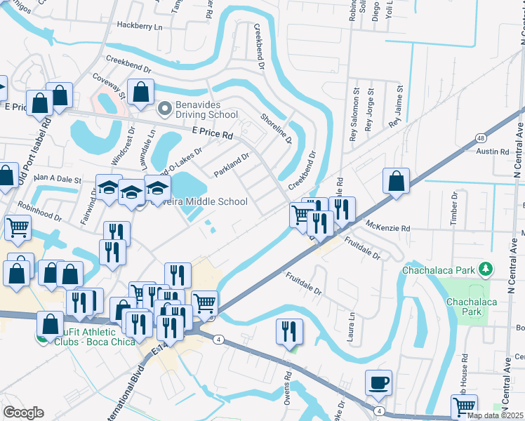 map of restaurants, bars, coffee shops, grocery stores, and more near 424 Woodhaven Drive in Brownsville