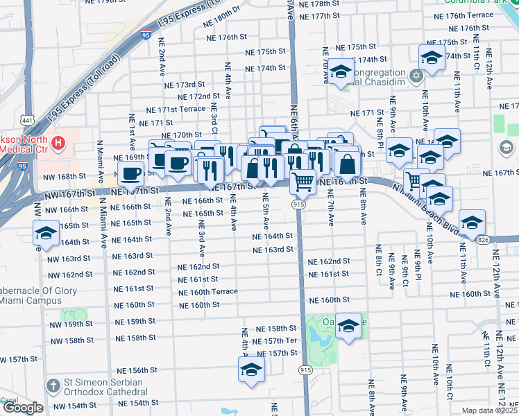 map of restaurants, bars, coffee shops, grocery stores, and more near 16595 Northeast 5th Avenue in Miami