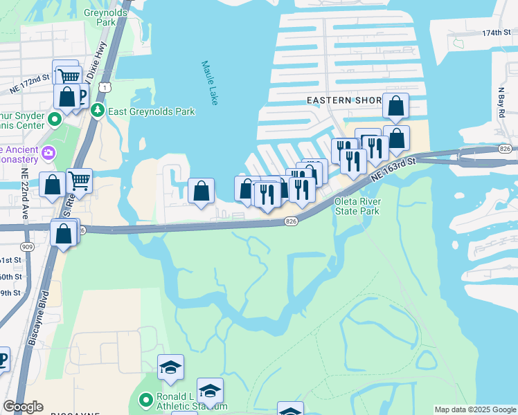 map of restaurants, bars, coffee shops, grocery stores, and more near 2910 Northeast 164th Street in North Miami Beach