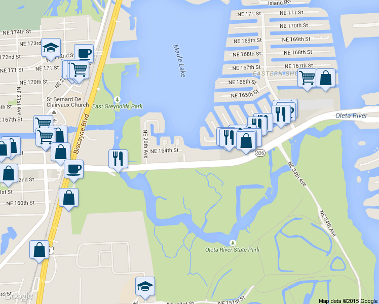map of restaurants, bars, coffee shops, grocery stores, and more near 18429 Northeast 28th Avenue in North Miami Beach