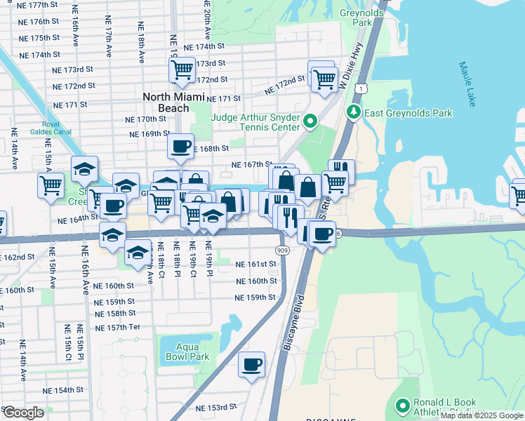 map of restaurants, bars, coffee shops, grocery stores, and more near 2153 Northeast 164th Street in North Miami Beach