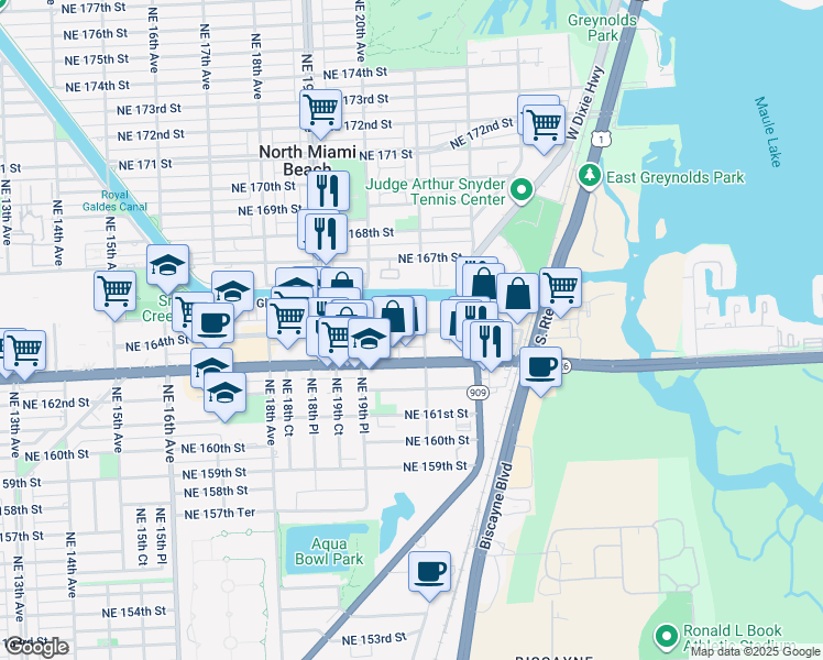 map of restaurants, bars, coffee shops, grocery stores, and more near in North Miami Beach