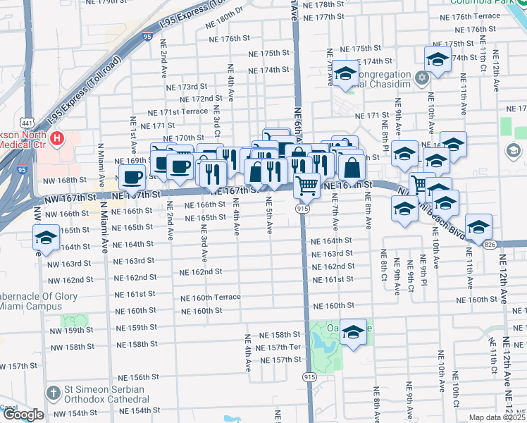 map of restaurants, bars, coffee shops, grocery stores, and more near 16595 Northeast 5th Avenue in Miami