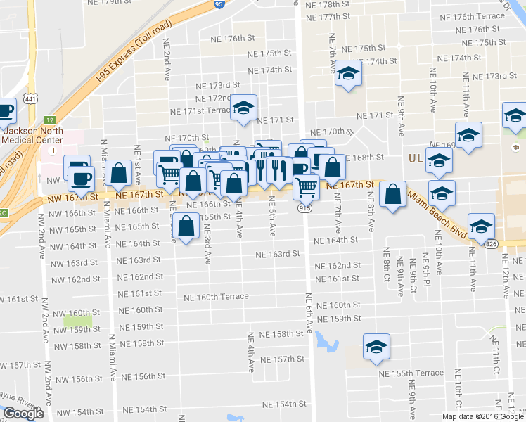 map of restaurants, bars, coffee shops, grocery stores, and more near 16565 Northeast 4th Avenue in Miami