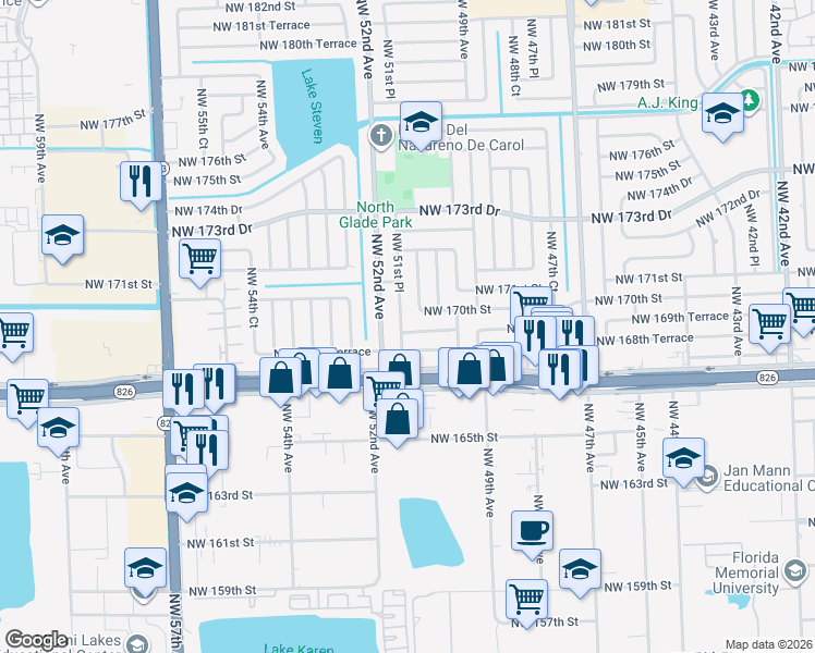 map of restaurants, bars, coffee shops, grocery stores, and more near 16941 Northwest 52nd Avenue in Miami Gardens