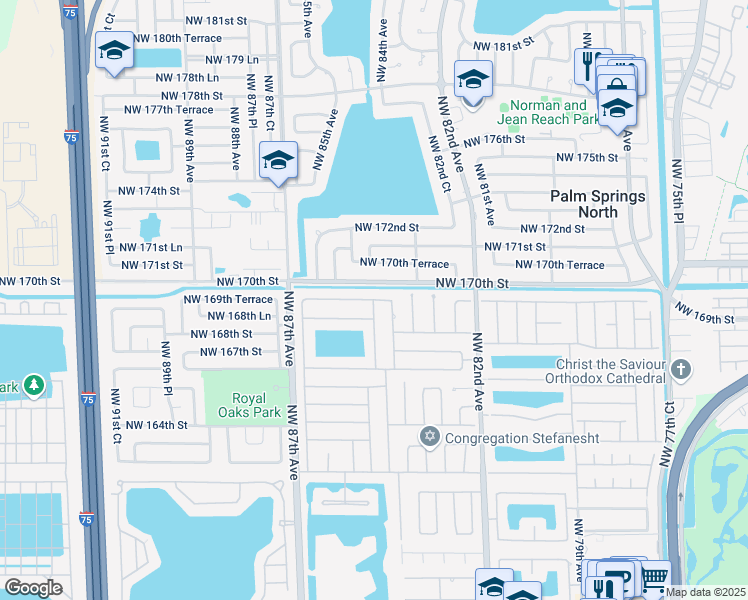 map of restaurants, bars, coffee shops, grocery stores, and more near 8435 Northwest 169th Terrace in Miami Lakes