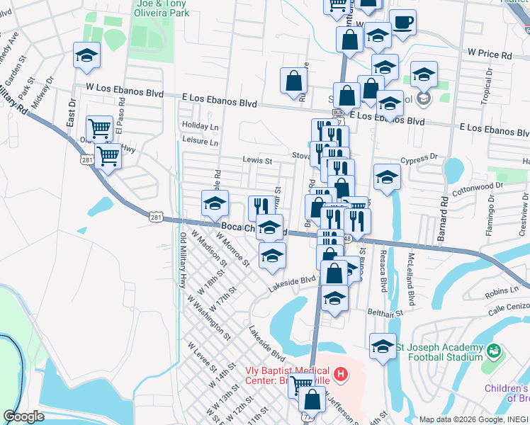 map of restaurants, bars, coffee shops, grocery stores, and more near 401 Boca Chica Boulevard in Brownsville