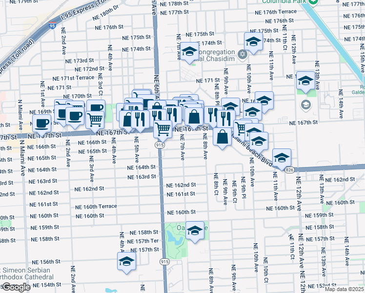 map of restaurants, bars, coffee shops, grocery stores, and more near 730 Northeast 166th Street in Miami