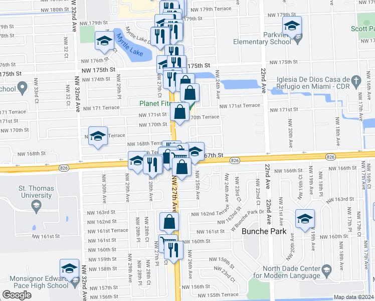 map of restaurants, bars, coffee shops, grocery stores, and more near 16730 Northwest 25th Court in Miami Gardens