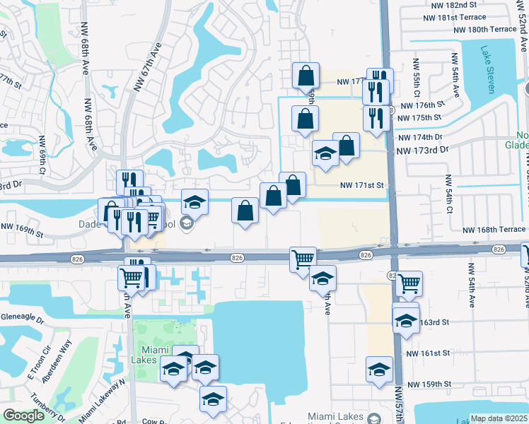 map of restaurants, bars, coffee shops, grocery stores, and more near 6187 Northwest 167th Street in Hialeah