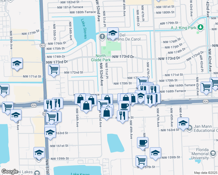 map of restaurants, bars, coffee shops, grocery stores, and more near 16941 Northwest 52nd Avenue in Miami Gardens