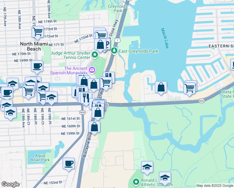 map of restaurants, bars, coffee shops, grocery stores, and more near 2405 Northeast 163rd Street in North Miami Beach