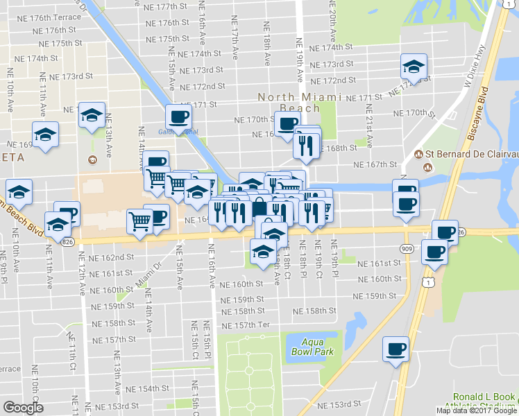 map of restaurants, bars, coffee shops, grocery stores, and more near 1755 Northeast 164th Street in North Miami Beach