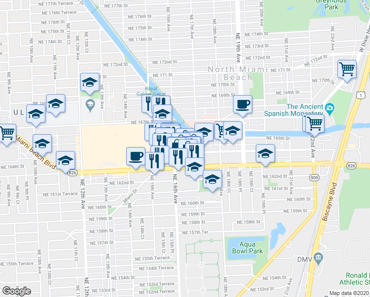 map of restaurants, bars, coffee shops, grocery stores, and more near 1601 Northeast 164th Street in North Miami Beach