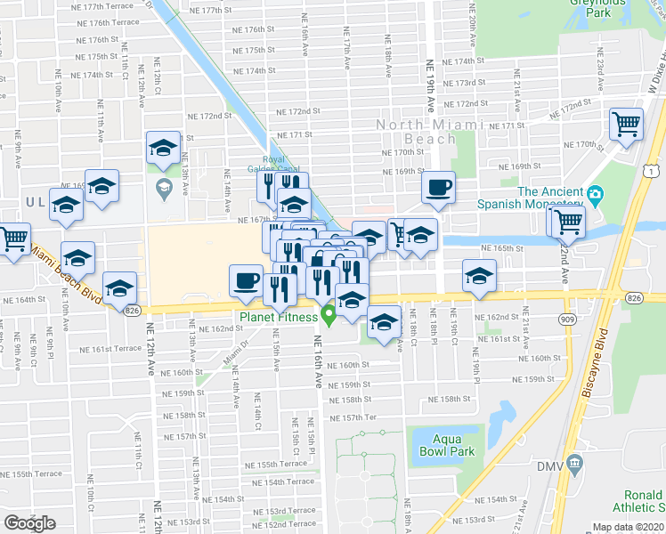 map of restaurants, bars, coffee shops, grocery stores, and more near 1601 Northeast 164th Street in North Miami Beach
