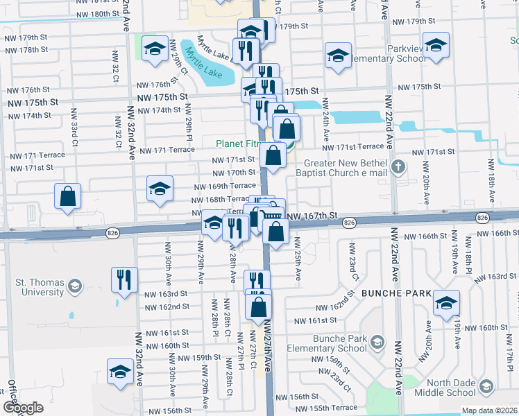 map of restaurants, bars, coffee shops, grocery stores, and more near 2738 Northwest 168th Terrace in Miami Gardens