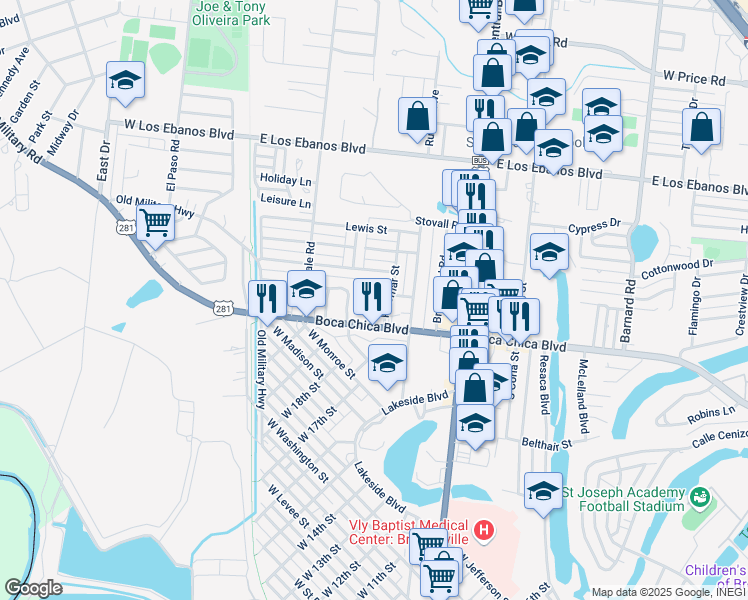 map of restaurants, bars, coffee shops, grocery stores, and more near 1435 Palomar Street in Brownsville