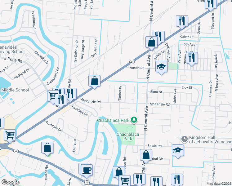 map of restaurants, bars, coffee shops, grocery stores, and more near 915 Timber Drive in Brownsville