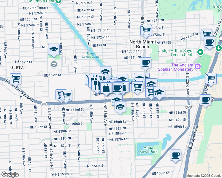 map of restaurants, bars, coffee shops, grocery stores, and more near 1601 Northeast 164th Street in North Miami Beach