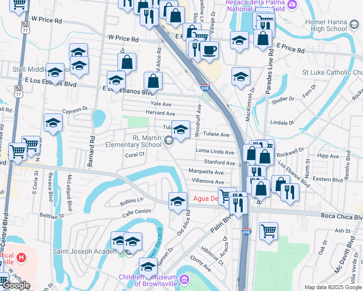 map of restaurants, bars, coffee shops, grocery stores, and more near 1701 Stanford Avenue in Brownsville