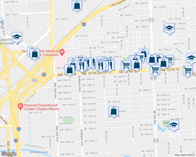 map of restaurants, bars, coffee shops, grocery stores, and more near 152 Northeast 166th Street in North Miami Beach