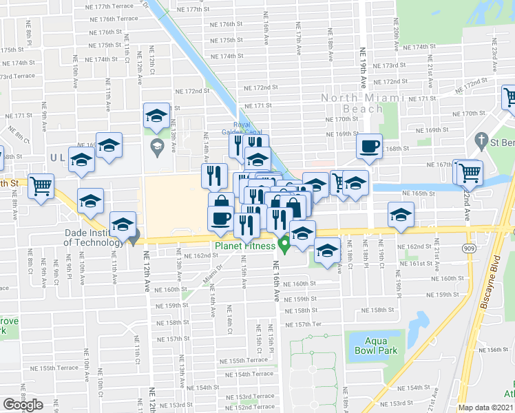 map of restaurants, bars, coffee shops, grocery stores, and more near 1558 Northeast 165th Street in North Miami Beach