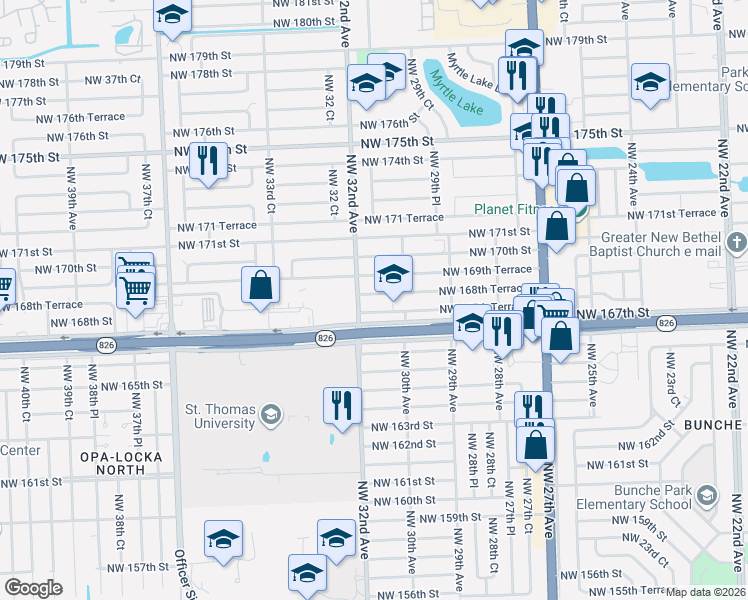map of restaurants, bars, coffee shops, grocery stores, and more near 3001 Northwest 167th Terrace in Miami Gardens