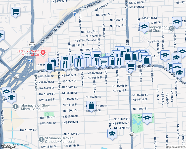 map of restaurants, bars, coffee shops, grocery stores, and more near 16598 Northeast 3rd Avenue in Miami