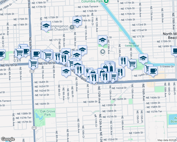 map of restaurants, bars, coffee shops, grocery stores, and more near 16531 Northeast 11th Avenue in North Miami Beach
