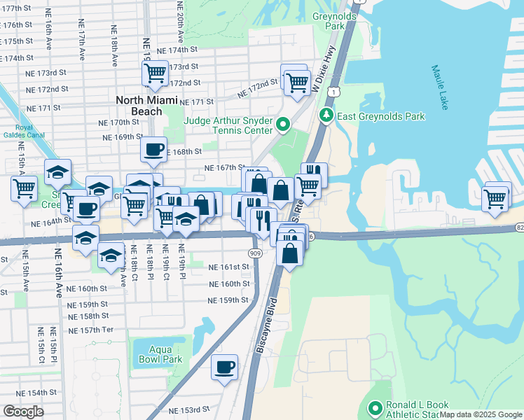 map of restaurants, bars, coffee shops, grocery stores, and more near 2231 Northeast 164th Street in North Miami Beach