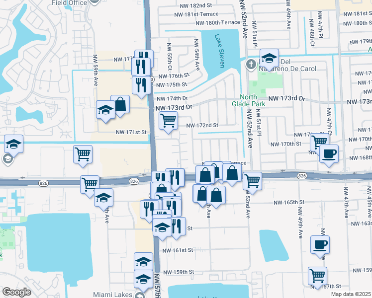 map of restaurants, bars, coffee shops, grocery stores, and more near 5447 Northwest 169th Terrace in Miami Gardens