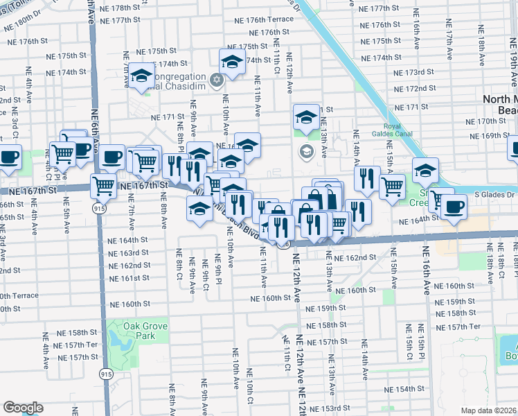 map of restaurants, bars, coffee shops, grocery stores, and more near 16531 Northeast 11th Avenue in North Miami Beach
