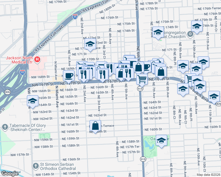 map of restaurants, bars, coffee shops, grocery stores, and more near 362 Northeast 166th Street in Miami