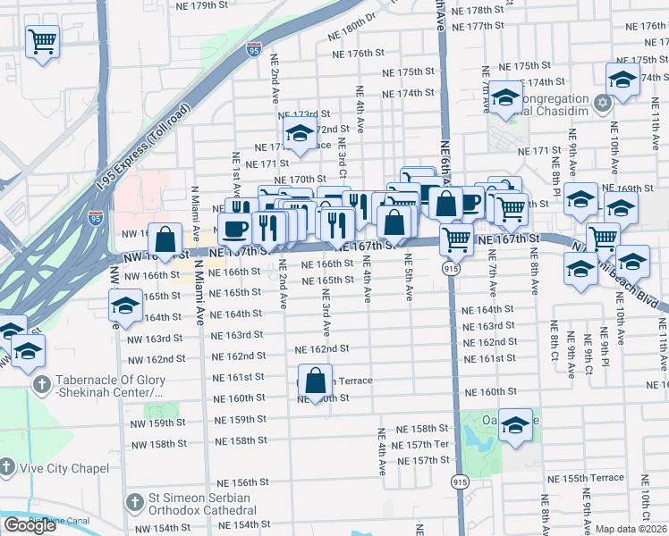 map of restaurants, bars, coffee shops, grocery stores, and more near 16598 Northeast 3rd Avenue in Miami