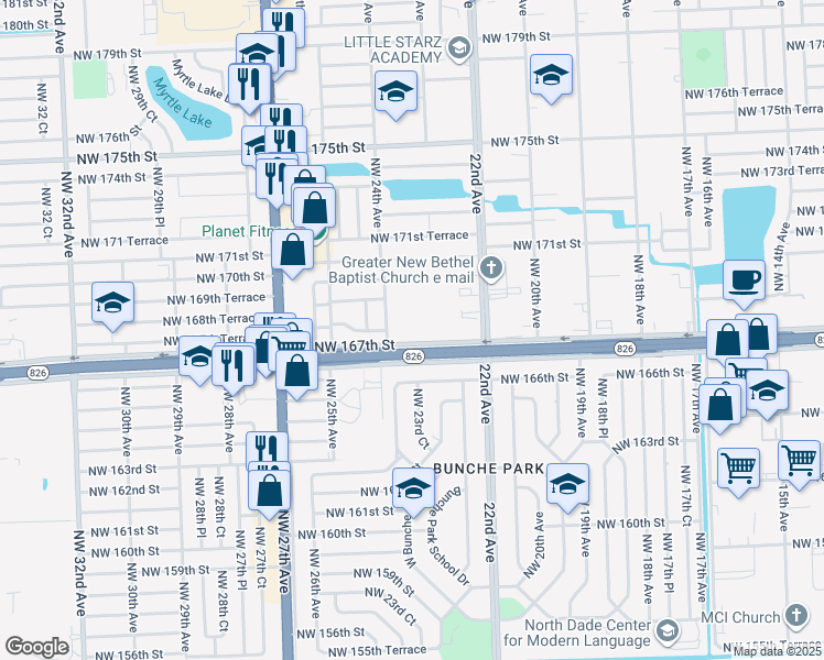 map of restaurants, bars, coffee shops, grocery stores, and more near 2301 Northwest 167th Street in Miami Gardens