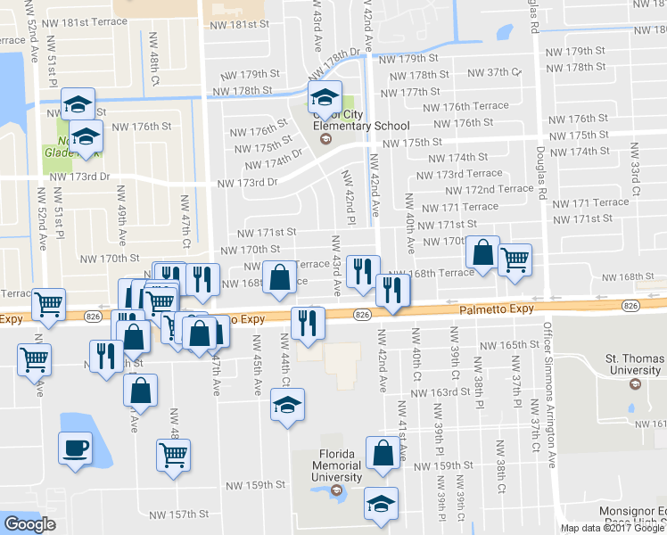 map of restaurants, bars, coffee shops, grocery stores, and more near 16870 Northwest 43rd Avenue in Miami Gardens