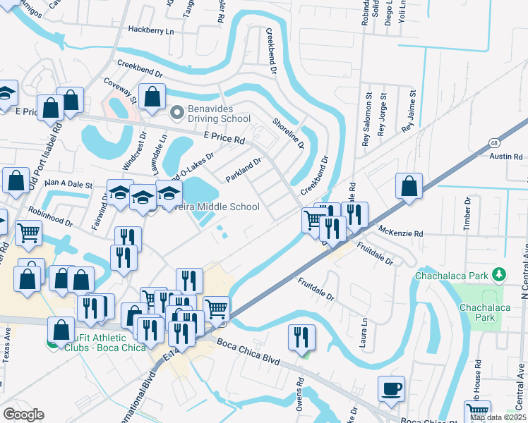 map of restaurants, bars, coffee shops, grocery stores, and more near 424 Woodhaven Drive in Brownsville