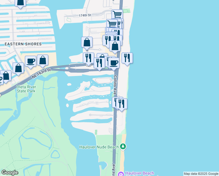 map of restaurants, bars, coffee shops, grocery stores, and more near 16300 Florida A1A in Sunny Isles Beach