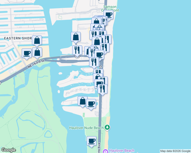 map of restaurants, bars, coffee shops, grocery stores, and more near 16300 Florida A1A in Sunny Isles Beach