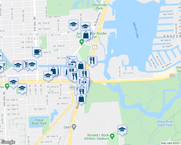 map of restaurants, bars, coffee shops, grocery stores, and more near 16355 Biscayne Boulevard in Aventura