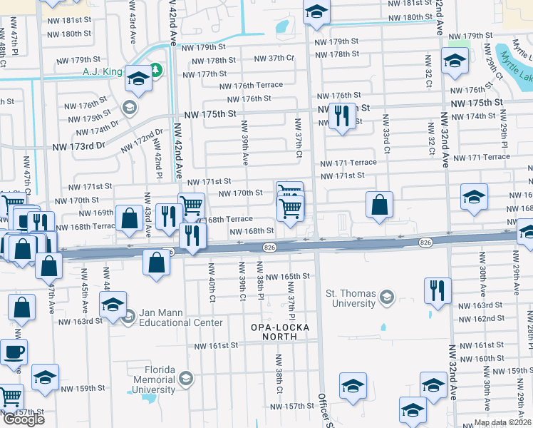 map of restaurants, bars, coffee shops, grocery stores, and more near 3835 Northwest 168th Terrace in Miami Gardens