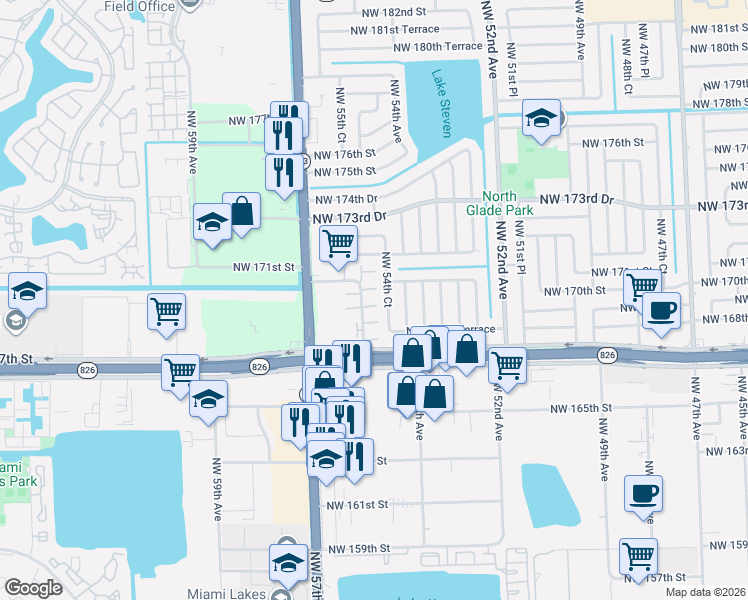 map of restaurants, bars, coffee shops, grocery stores, and more near 5447 Northwest 169th Terrace in Miami Gardens