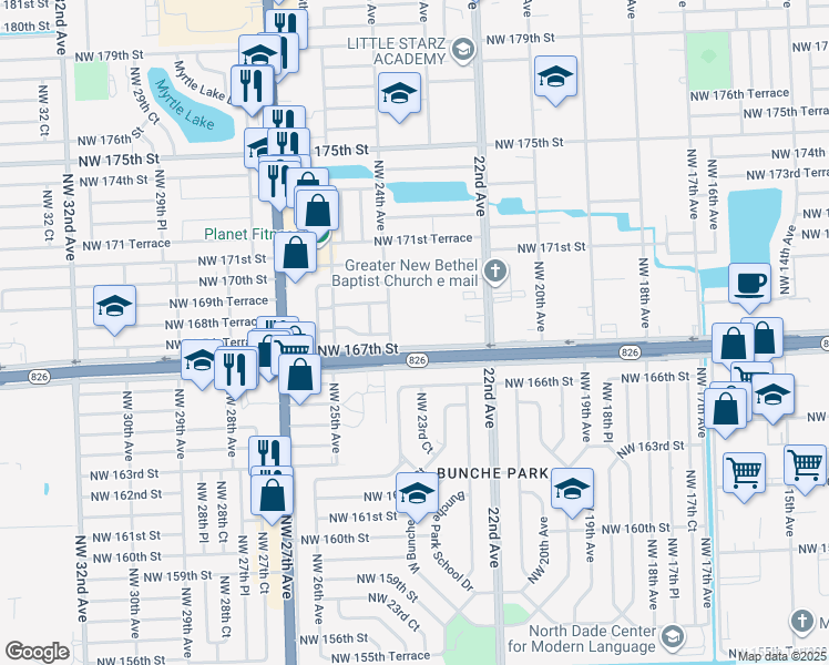 map of restaurants, bars, coffee shops, grocery stores, and more near 2301 Northwest 167th Street in Miami Gardens
