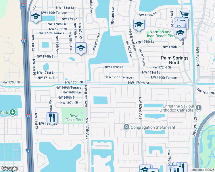 map of restaurants, bars, coffee shops, grocery stores, and more near 8435 Northwest 169th Terrace in Miami Lakes